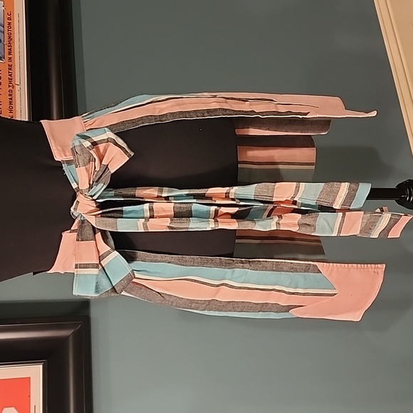 Vintage Apron pink and black and turquoise stripes with pocket - Picture 3 of 8